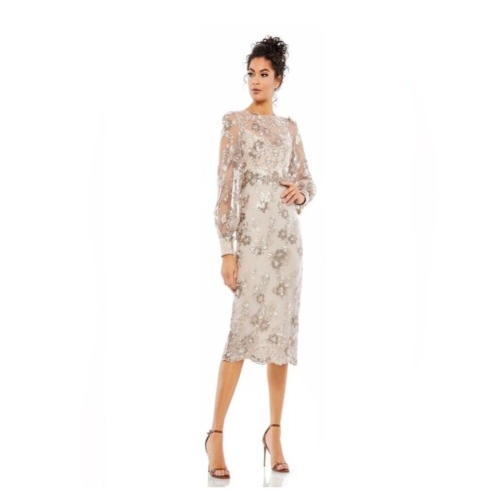 Mac Duggal Cream Floral Midi Dress
